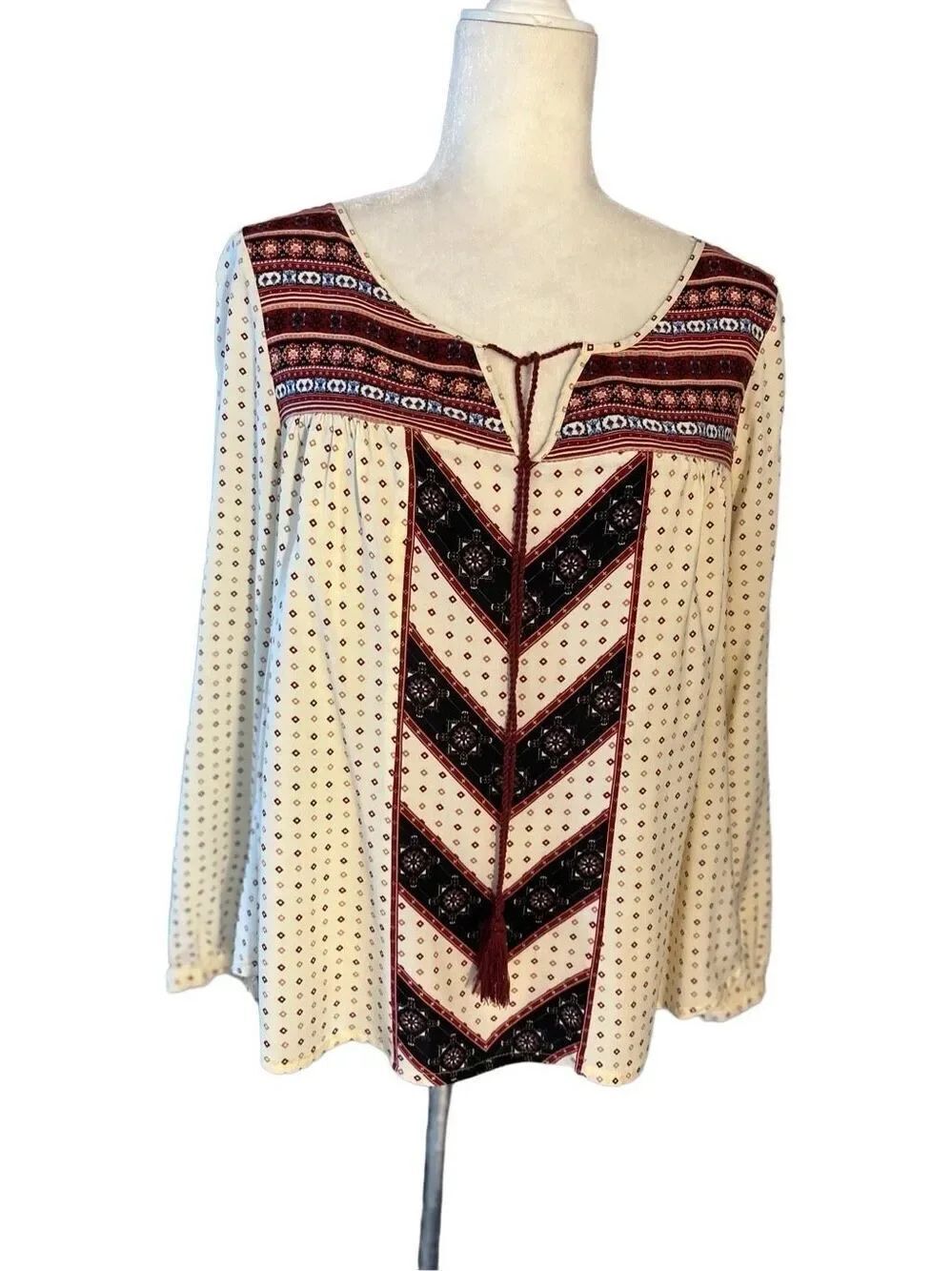 Cloud Chaser cream and maroon patterned boho long sleeve peasant blouse with tie